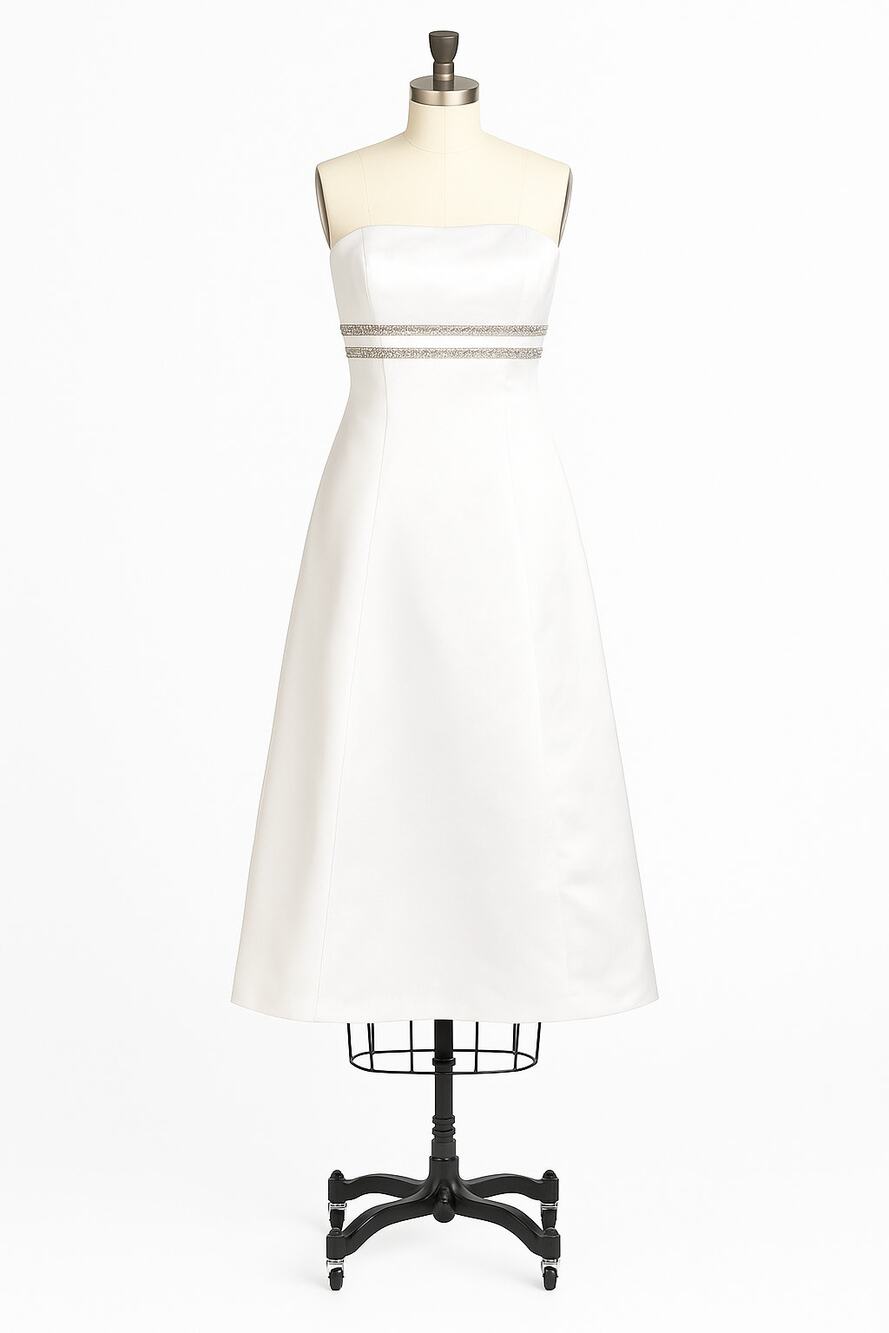 Jessica McClintock White Satin Strapless Rhinestone A-Line Midi Bridal Dress 10
